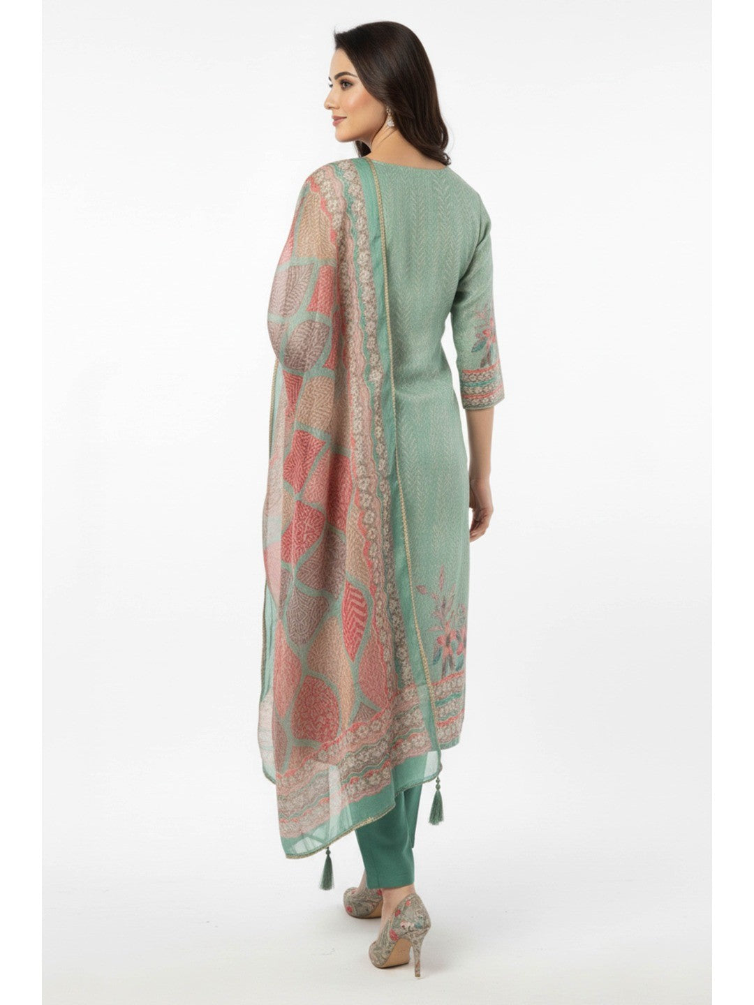 Sea Green Floral Digital Print Straight-Cut Salwar Suit With Intricate Hand Work On Shimmer Chanderi Silk - Image 2