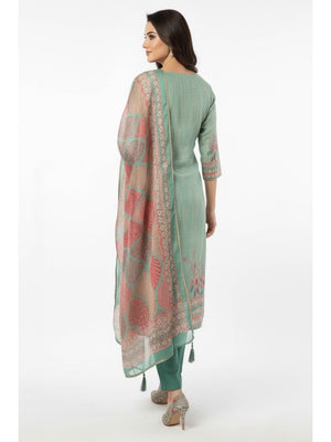 Sea Green Floral Digital Print Straight-Cut Salwar Suit With Intricate Hand Work On Shimmer Chanderi Silk - Image 2