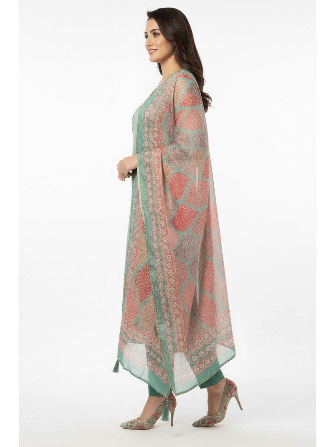 Sea Green Floral Digital Print Straight-Cut Salwar Suit With Intricate Hand Work On Shimmer Chanderi Silk - Image 3