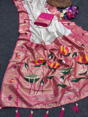White Soft Tissue Paithani Weaving Saree with Pink Border - Image 2
