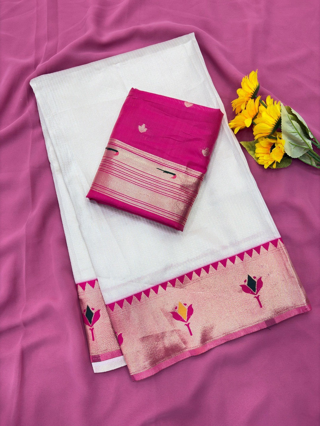 White Soft Tissue Paithani Weaving Saree with Pink Border - Image 2