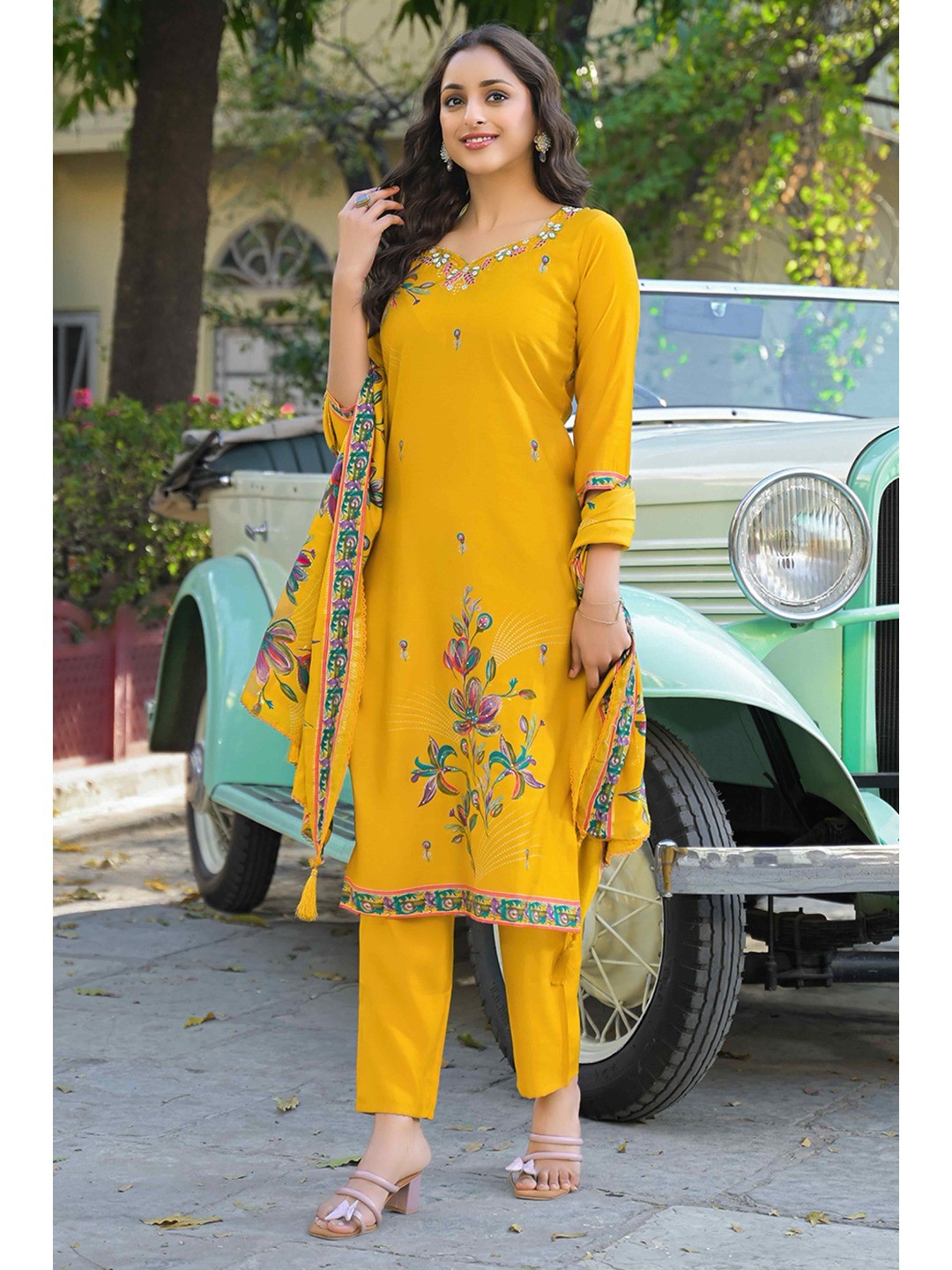 Mustard Floral Printed Thread Work Chanderi Silk Straight Salwar Suit - Image 1