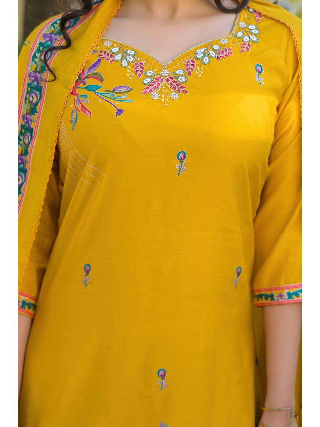 Mustard Floral Printed Thread Work Chanderi Silk Straight Salwar Suit - Image 8