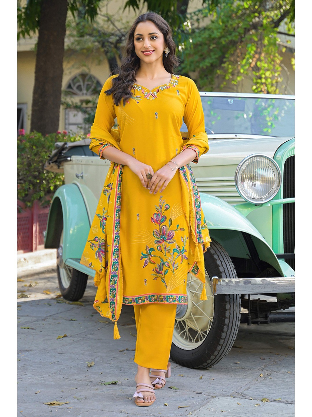 Mustard Floral Printed Thread Work Chanderi Silk Straight Salwar Suit - Image 3