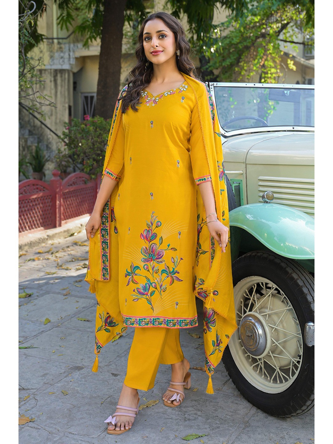 Mustard Floral Printed Thread Work Chanderi Silk Straight Salwar Suit - Image 2