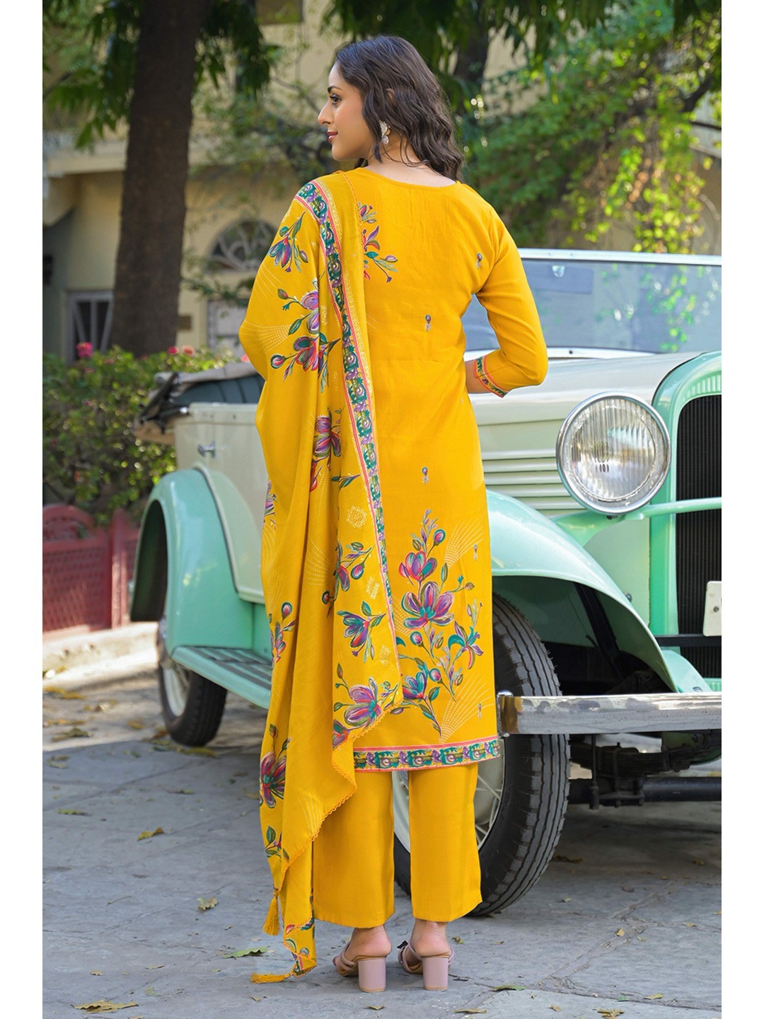 Mustard Floral Printed Thread Work Chanderi Silk Straight Salwar Suit - Image 6