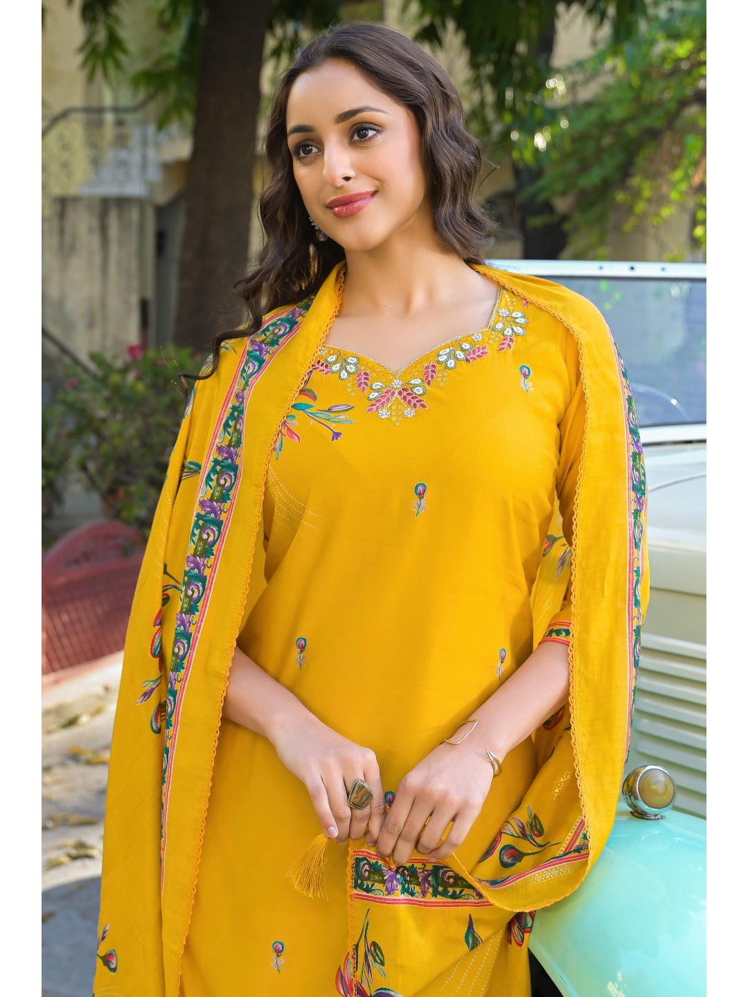 Mustard Floral Printed Thread Work Chanderi Silk Straight Salwar Suit - Image 4