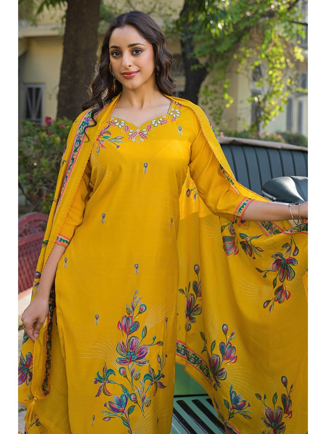 Mustard Floral Printed Thread Work Chanderi Silk Straight Salwar Suit - Image 7