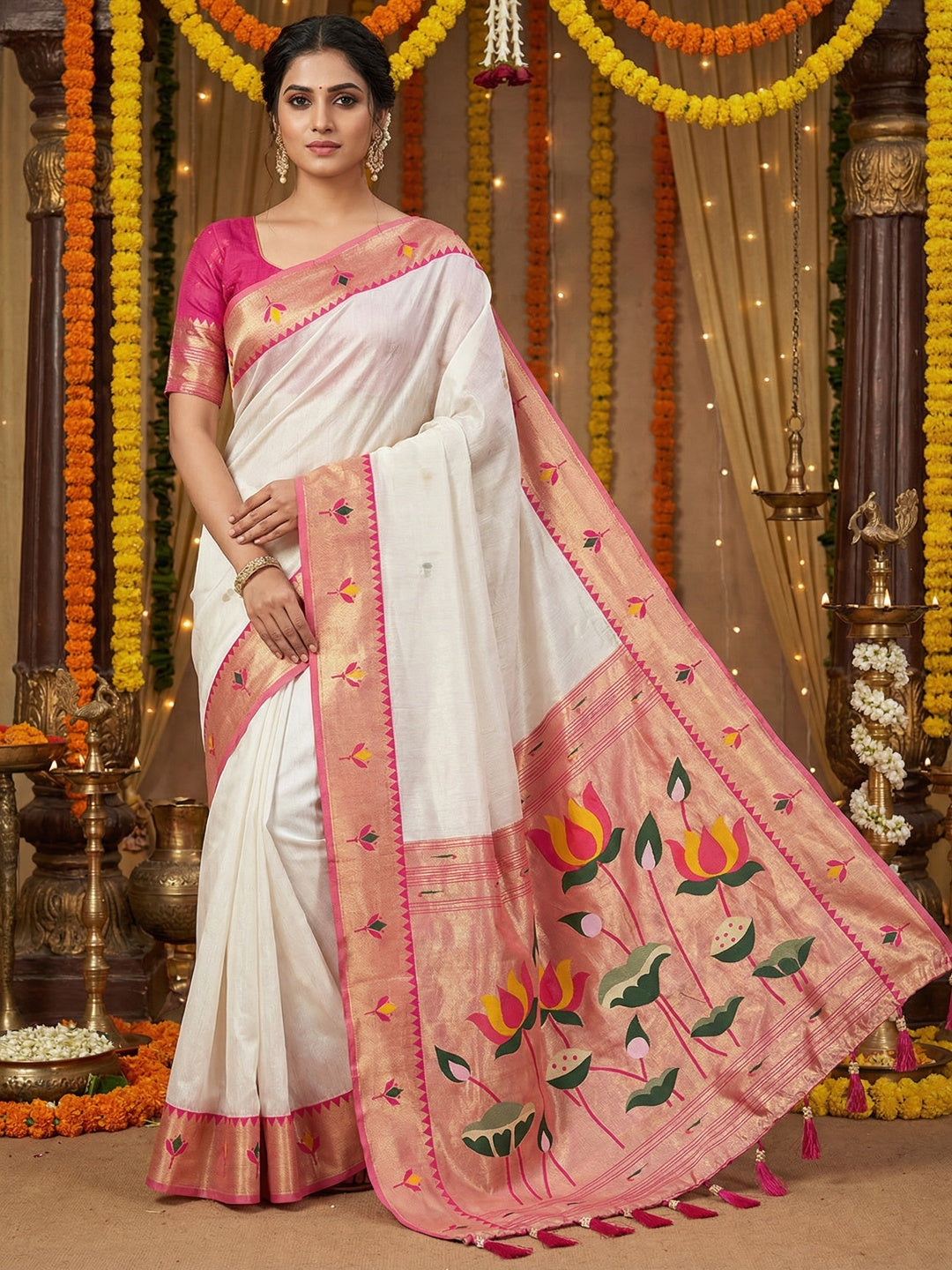 White Soft Tissue Paithani Weaving Saree with Pink Border - Image 1
