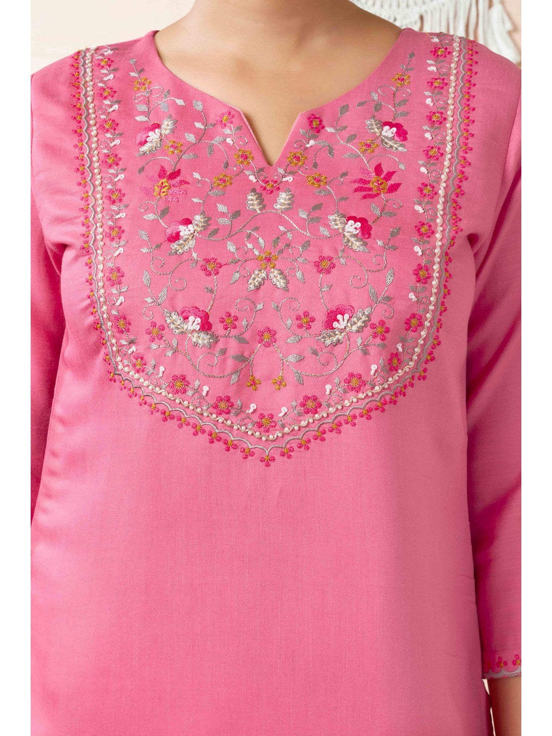 Pink Floral Embroidered Cotton Slub Straight Salwar Suit - Image 2