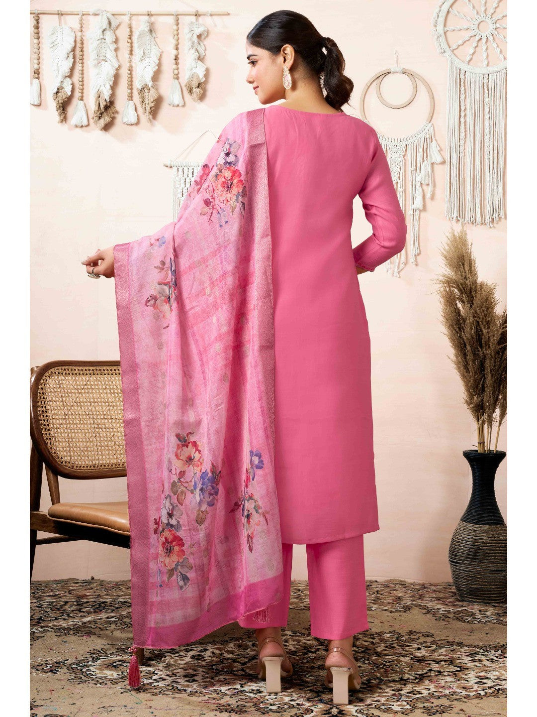 Pink Floral Embroidered Cotton Slub Straight Salwar Suit - Image 4