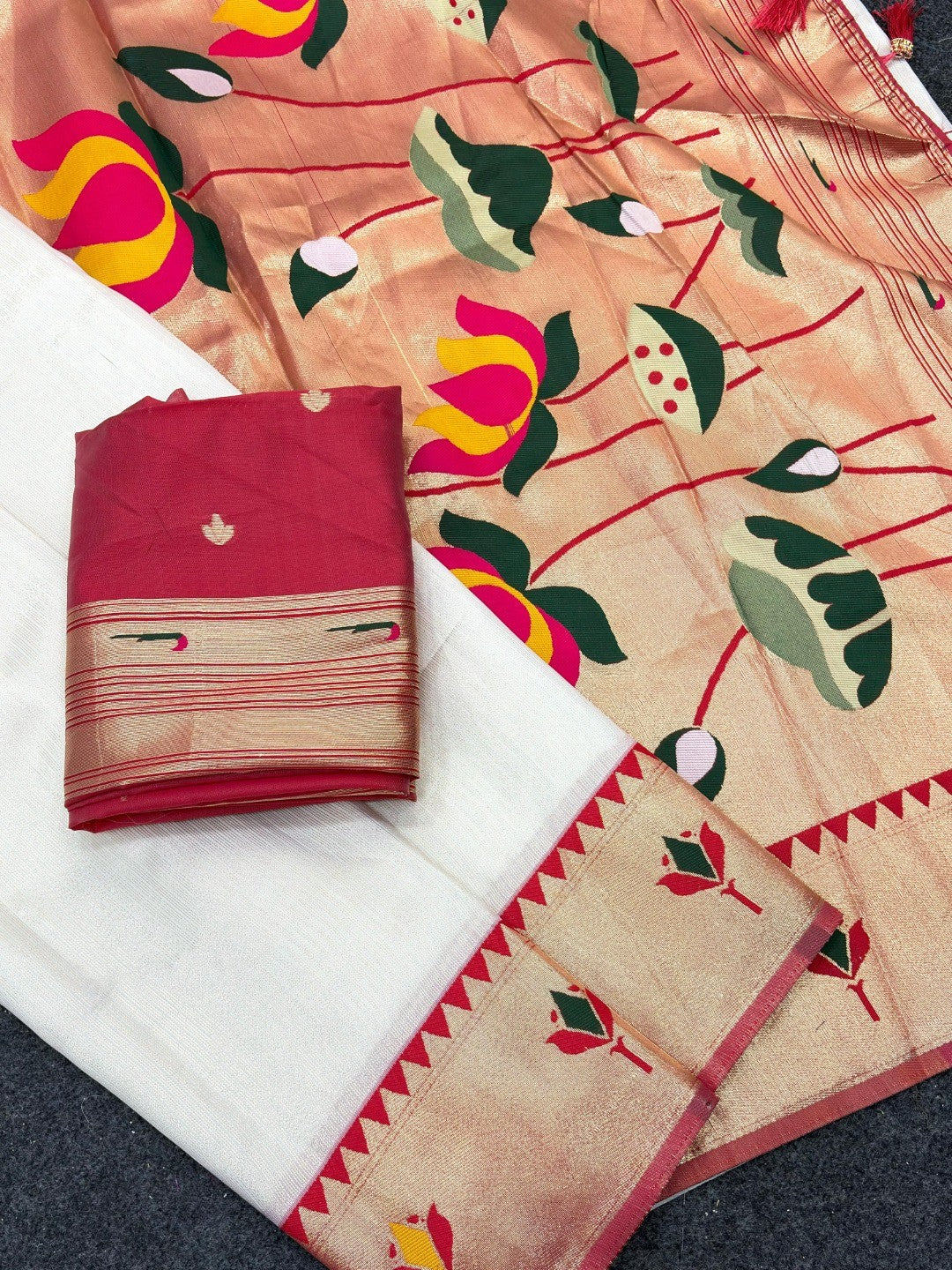 White Soft Tissue Paithani Weaving Saree with Red Border - Image 2