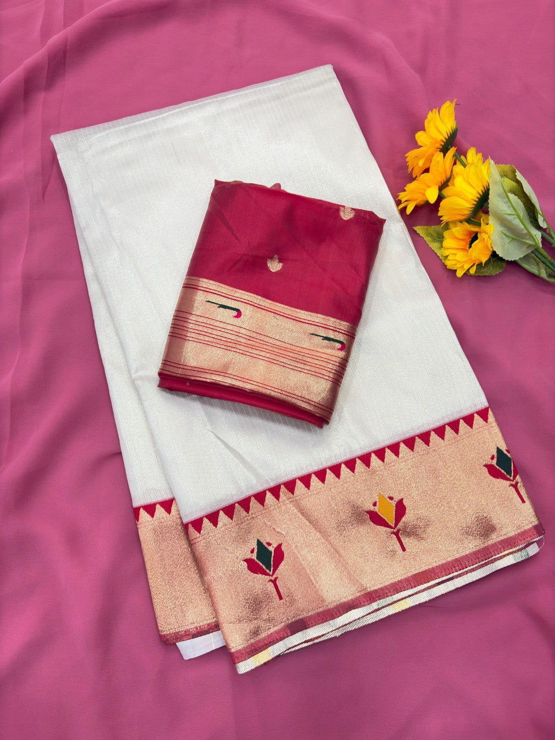 White Soft Tissue Paithani Weaving Saree with Red Border - Image 3