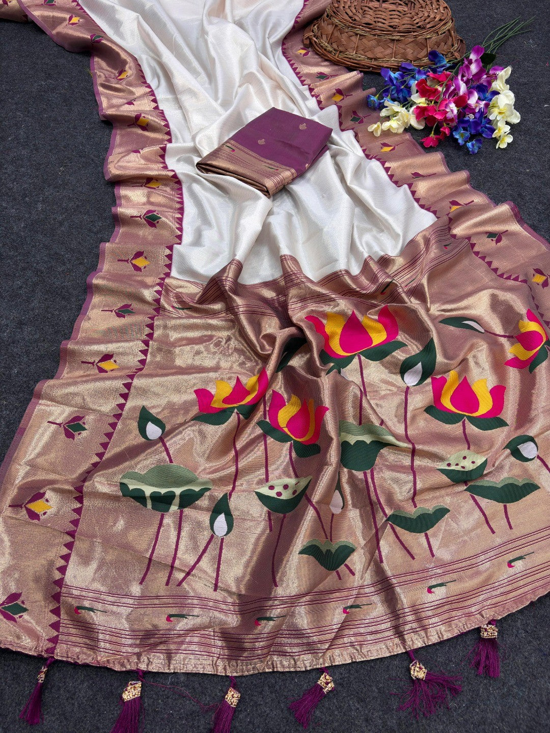 White Soft Tissue Paithani Weaving Saree with Wine Border - Image 2