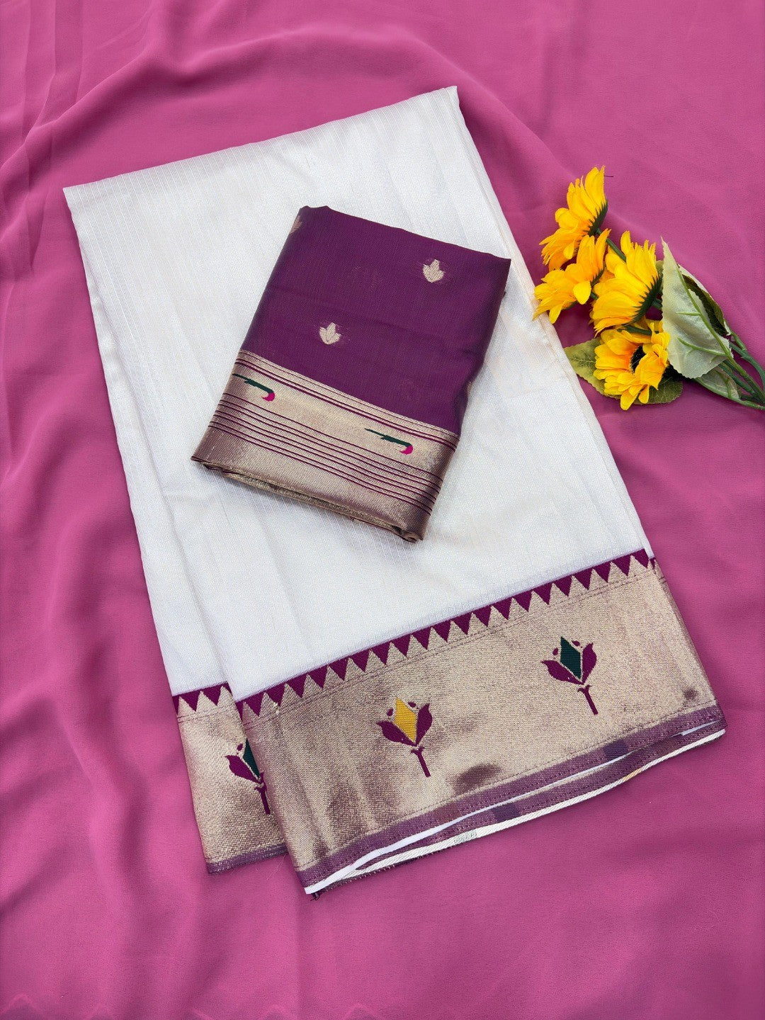 White Soft Tissue Paithani Weaving Saree with Wine Border - Image 2