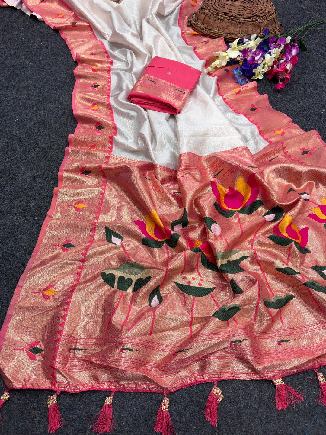White Soft Tissue Paithani Weaving Saree with Peach Border - Image 3