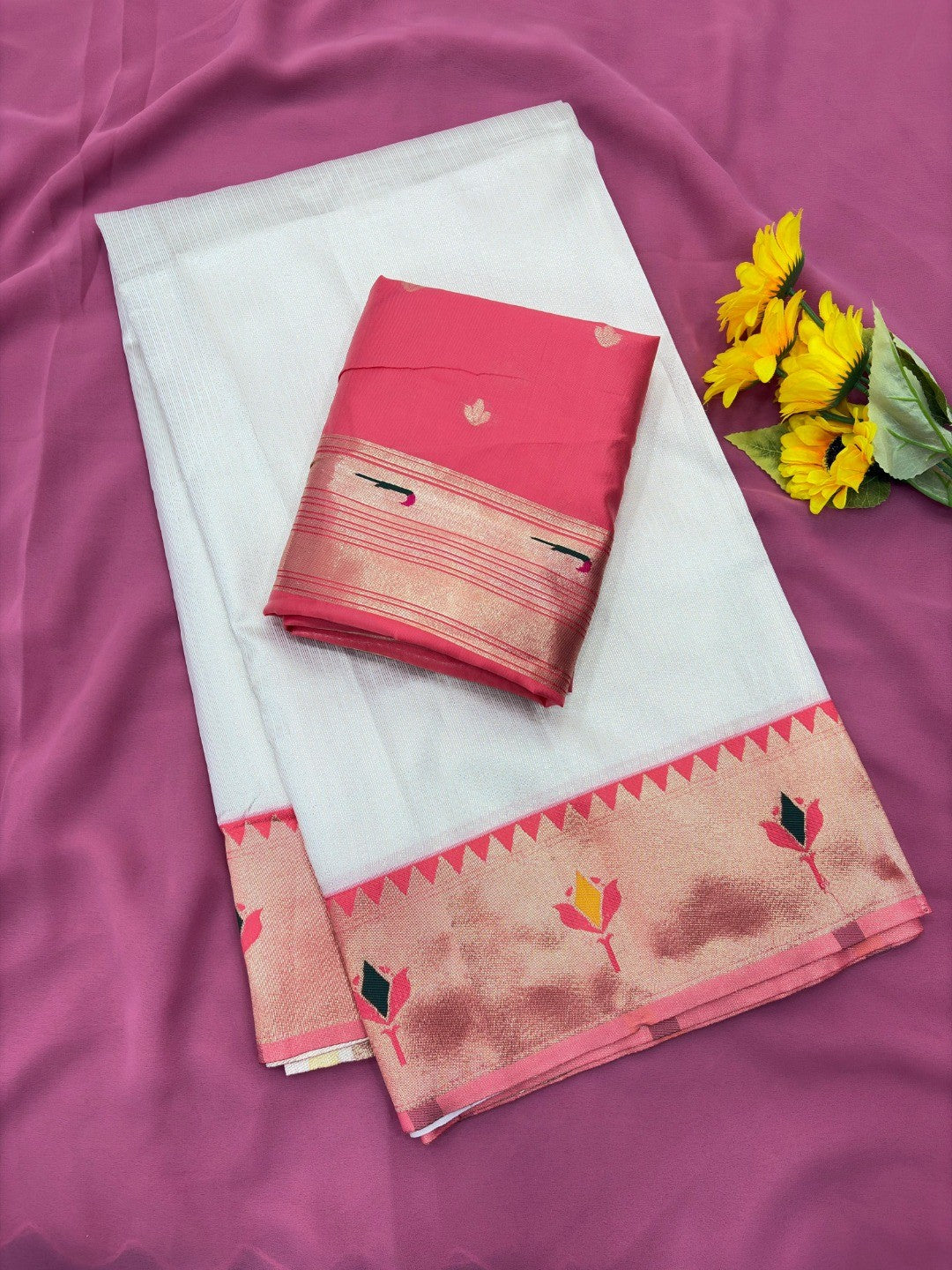 White Soft Tissue Paithani Weaving Saree with Peach Border - Image 2