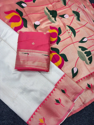 White Soft Tissue Paithani Weaving Saree with Peach Border - Image 2