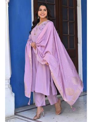 Lavender Floral Embroidered Muslin Anarkali Salwar Suit - Image 1