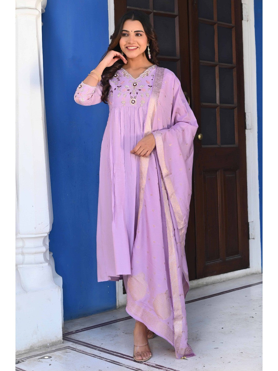 Lavender Floral Embroidered Muslin Anarkali Salwar Suit - Image 3