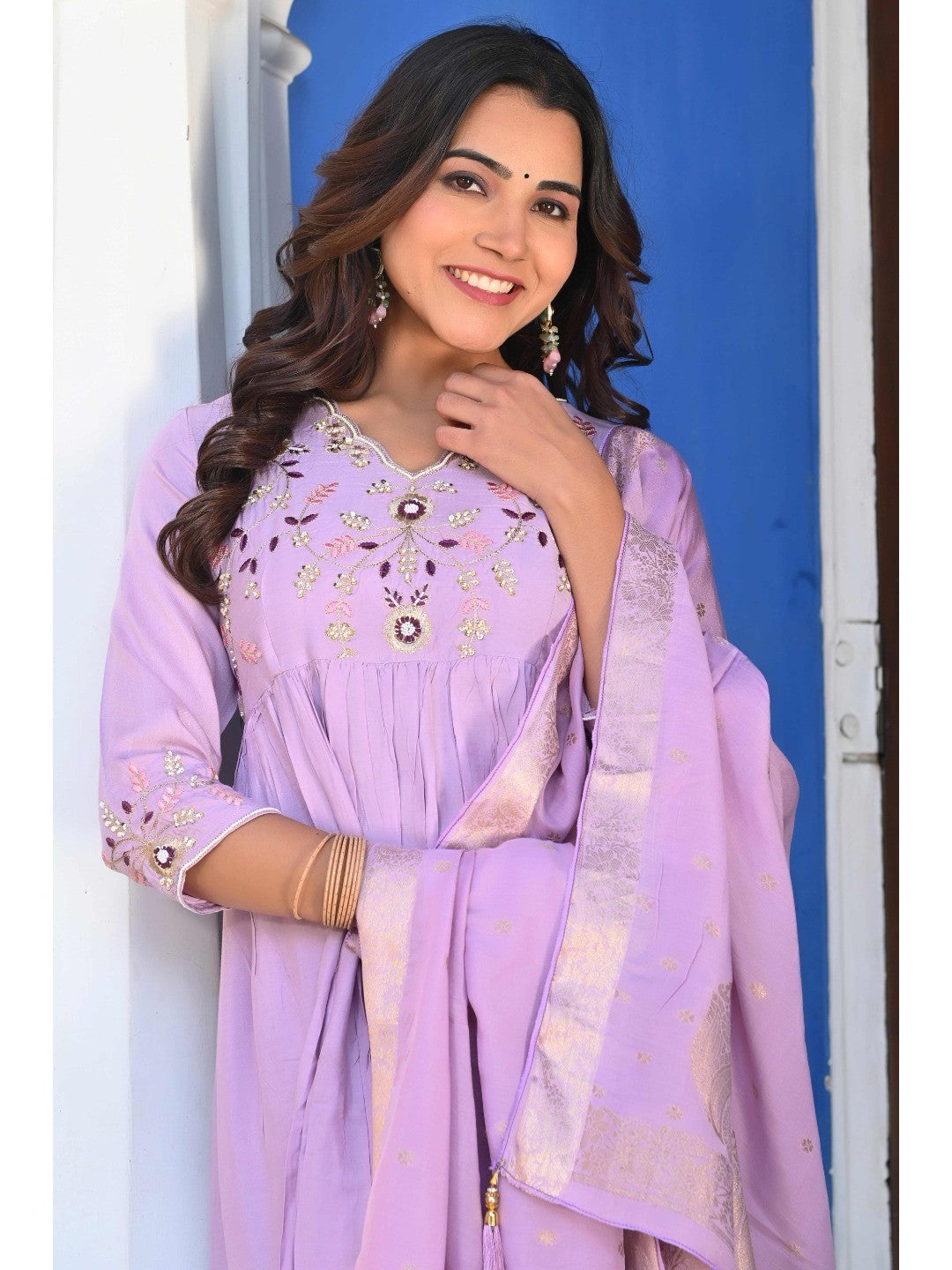 Lavender Floral Embroidered Muslin Anarkali Salwar Suit - Image 7