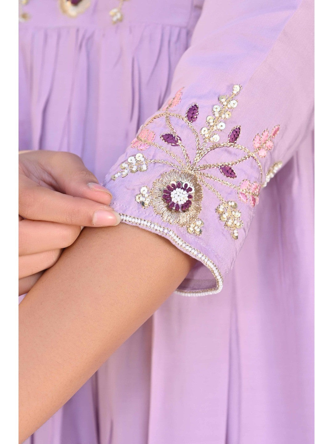 Lavender Floral Embroidered Muslin Anarkali Salwar Suit - Image 6