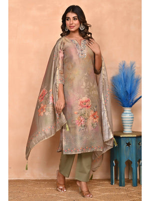 Stylish Olive Straight Cut Suit with Elegant Embroidery on Shimmer Linen - Image 1