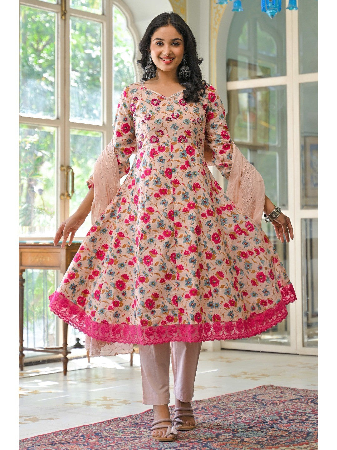 Light Pink Floral Printed Beads Work Pure Cotton Anarkali Salwar Suit - Image 1