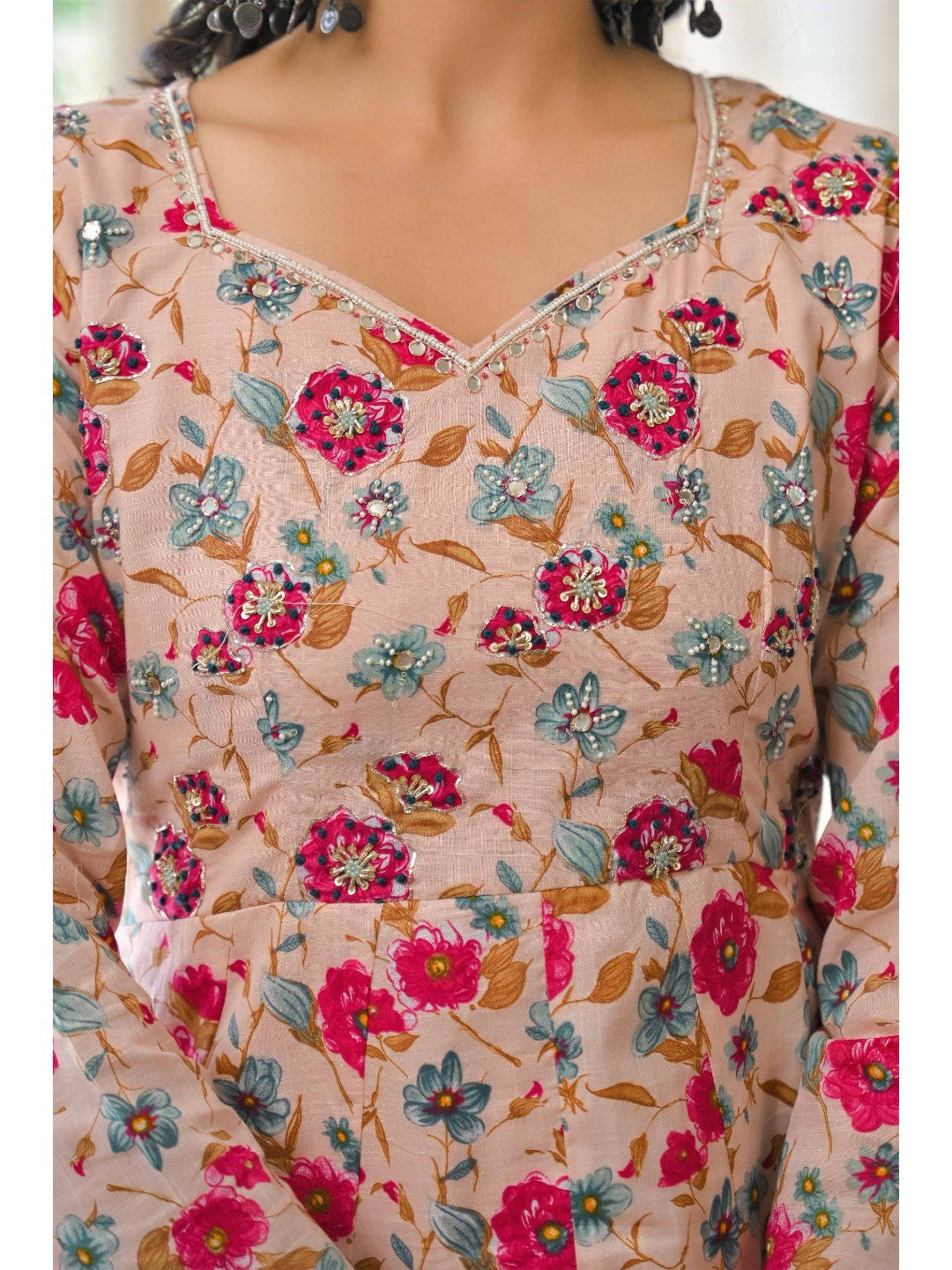 Light Pink Floral Printed Beads Work Pure Cotton Anarkali Salwar Suit - Image 9