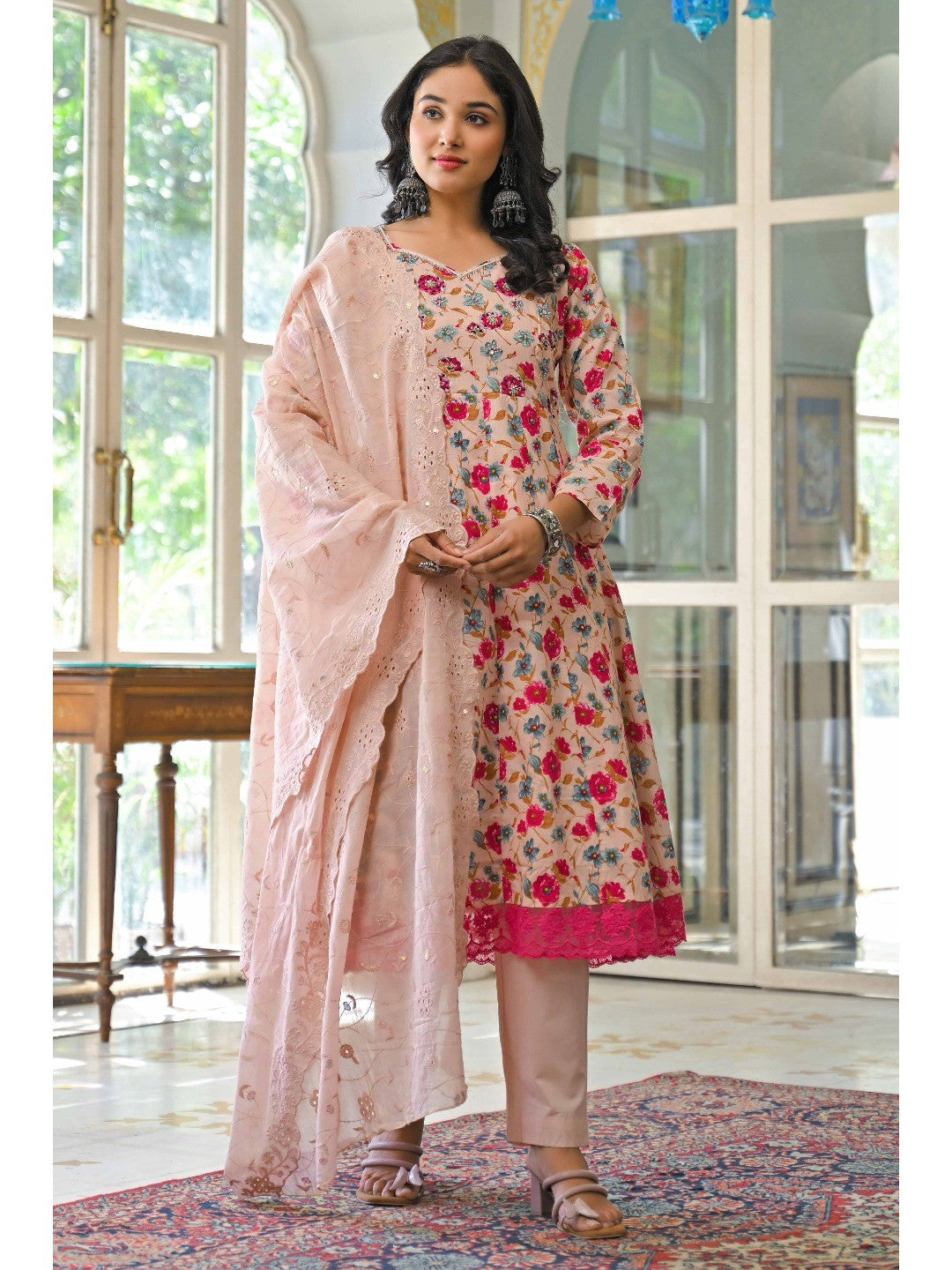 Light Pink Floral Printed Beads Work Pure Cotton Anarkali Salwar Suit - Image 4
