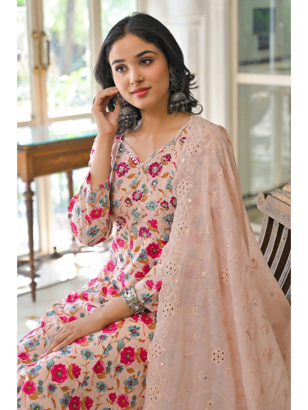 Light Pink Floral Printed Beads Work Pure Cotton Anarkali Salwar Suit - Image 6