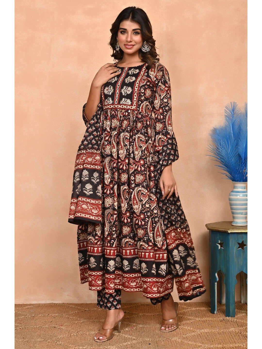 Regal Black Paisley Anarkali Suit in Breathable Cotton Fabric for Effortless Style - Image 1
