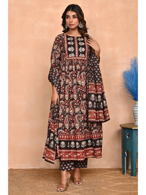 Regal Black Paisley Anarkali Suit in Breathable Cotton Fabric for Effortless Style - Image 2