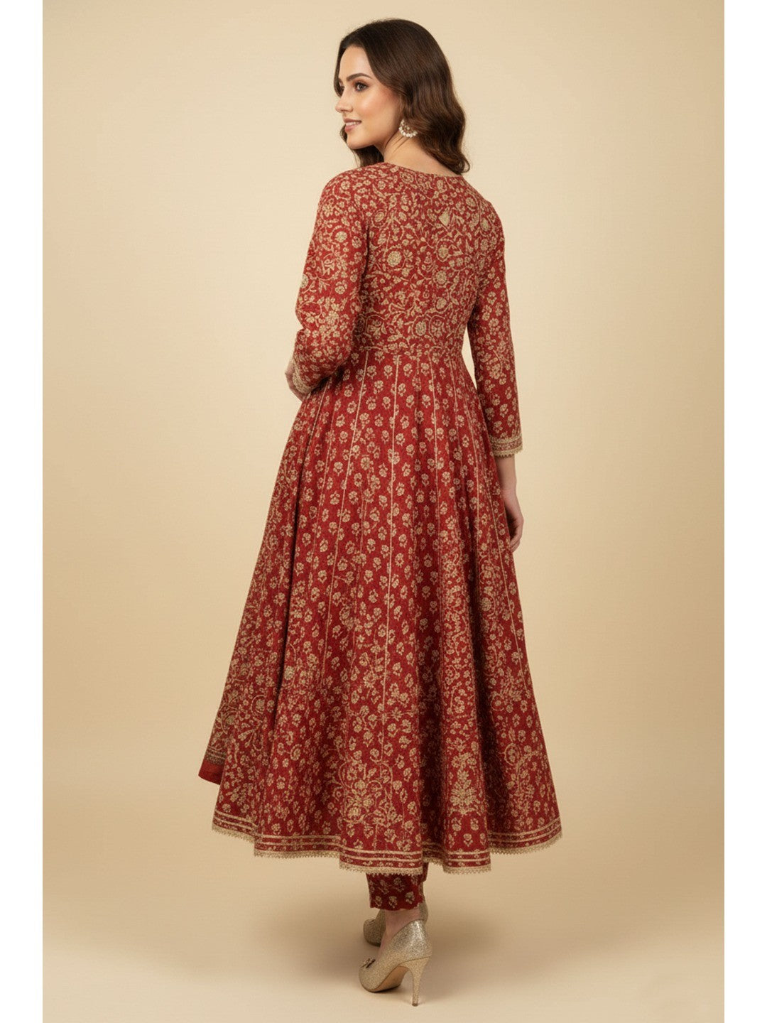 Rusty Red Anarkali Salwar Suit in Pure Cotton with All-Over Floral Print and Delicate Lacework - Image 2