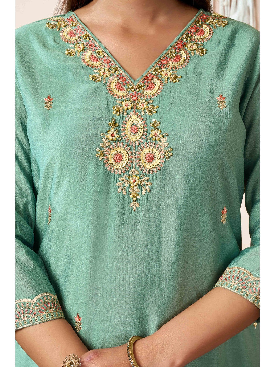 Sea Green Beads Embroidered Chanderi Silk Straight Salwar Suit - Image 5