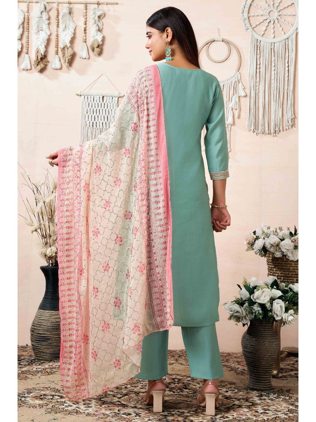 Sea Green Beads Embroidered Chanderi Silk Straight Salwar Suit - Image 4