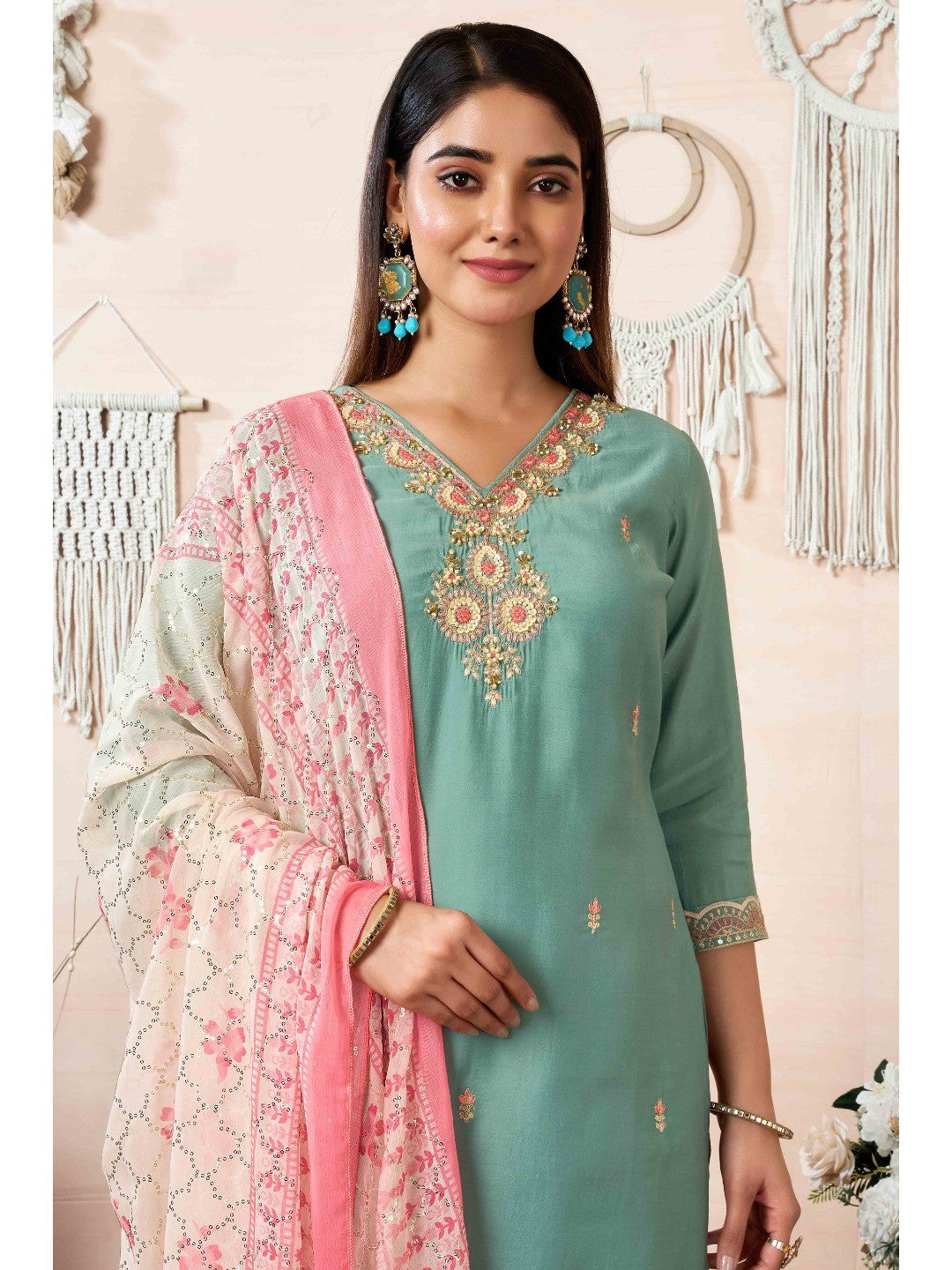 Sea Green Beads Embroidered Chanderi Silk Straight Salwar Suit - Image 2