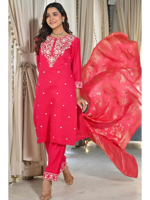 Pink Sequins Embroidered Cotton Silk Salwar Suit - Image 1