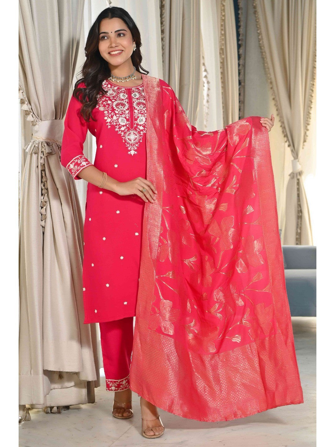 Pink Sequins Embroidered Cotton Silk Salwar Suit - Image 8