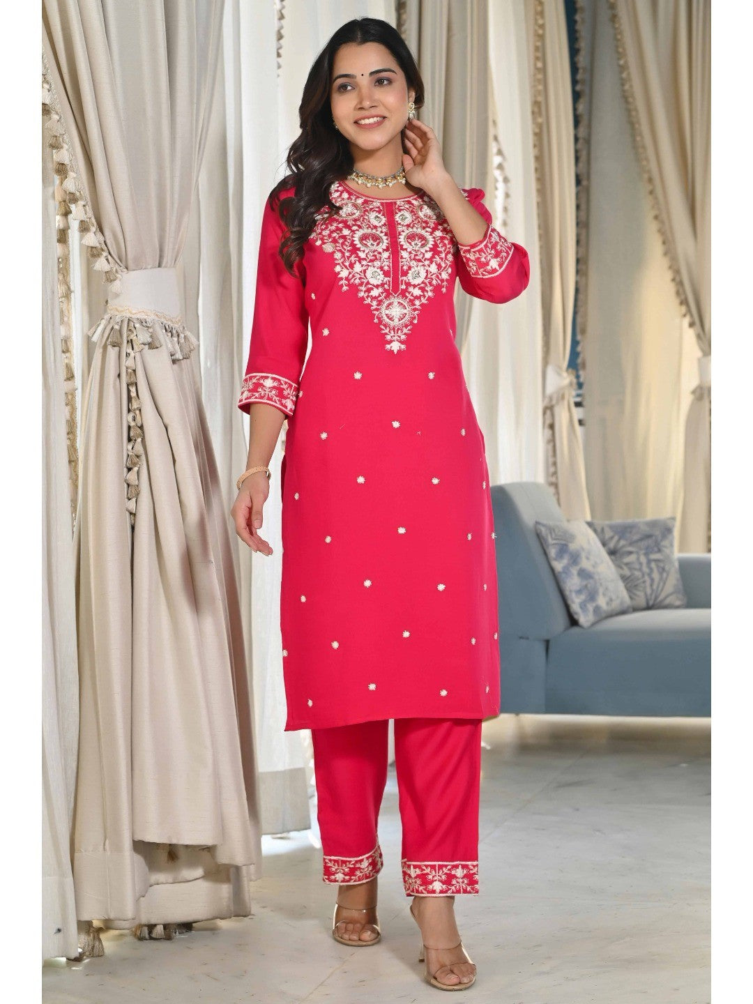 Pink Sequins Embroidered Cotton Silk Salwar Suit - Image 7