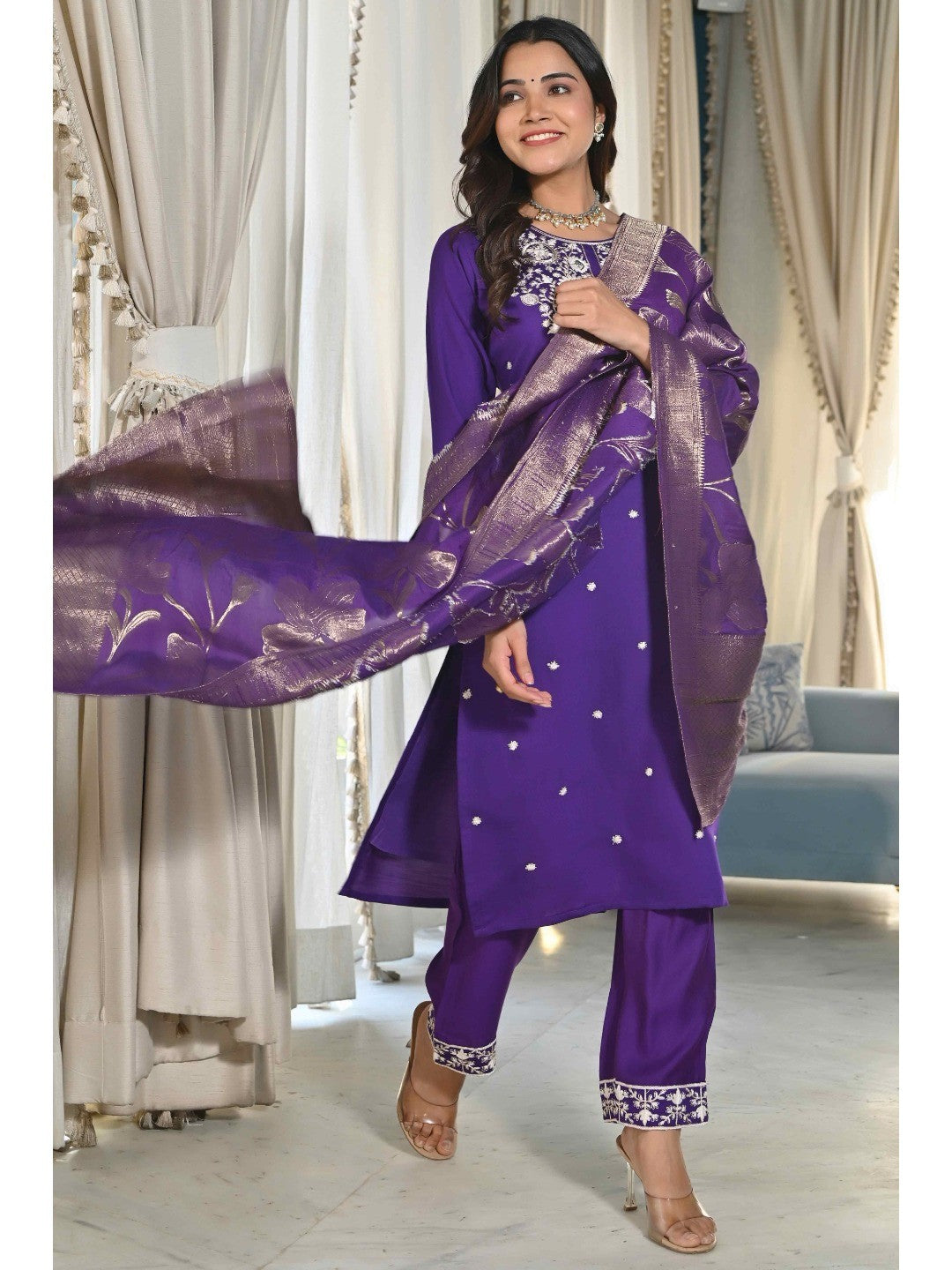 Violet Sequins Embroidered Cotton Silk Salwar Suit - Image 1