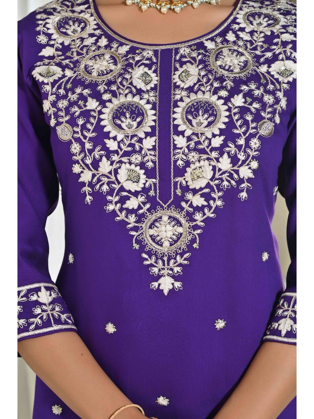 Violet Sequins Embroidered Cotton Silk Salwar Suit - Image 9