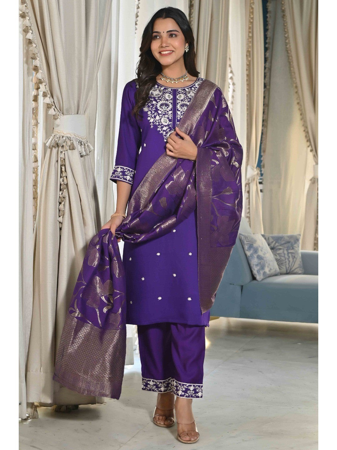 Violet Sequins Embroidered Cotton Silk Salwar Suit - Image 2