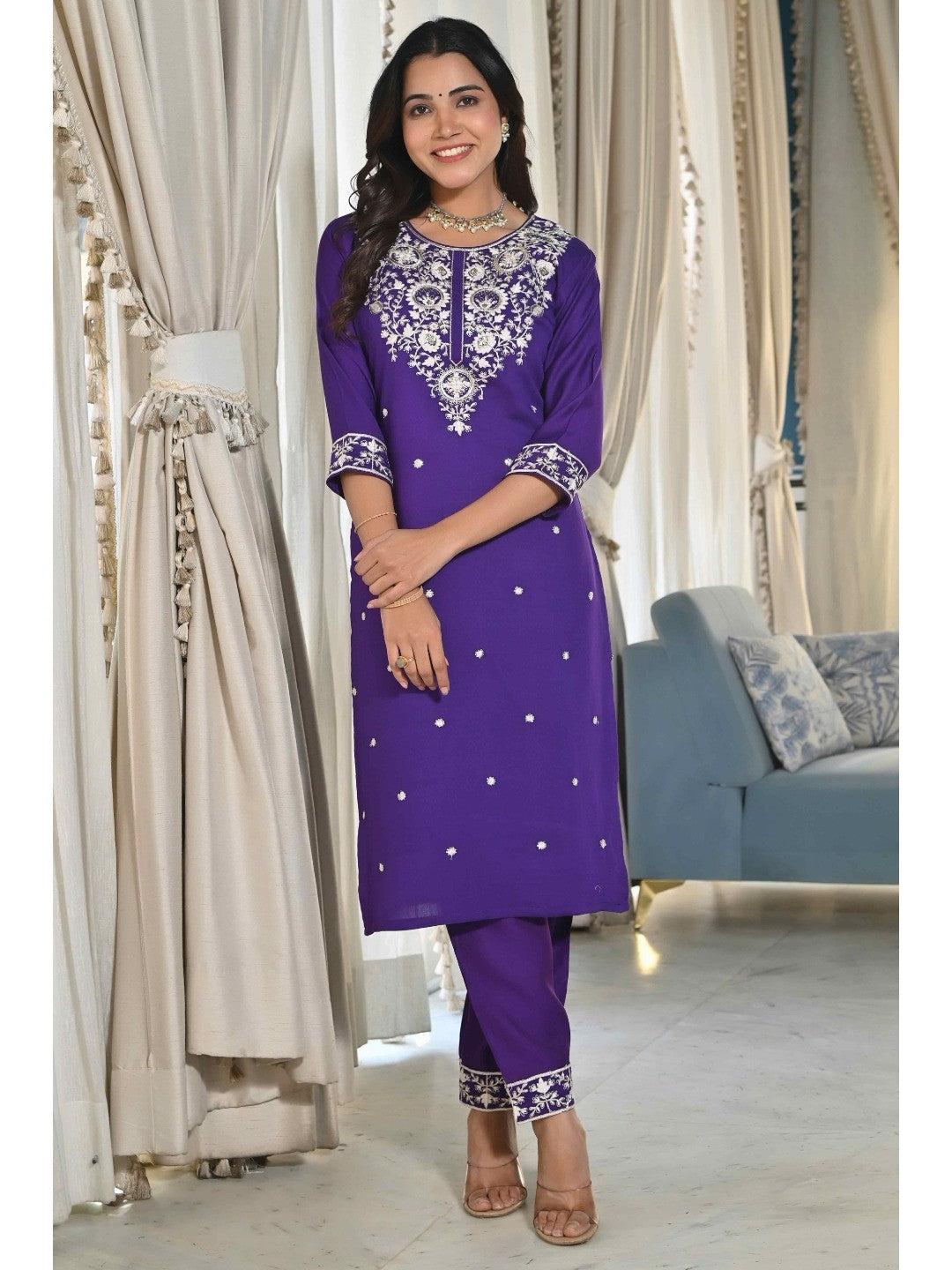 Violet Sequins Embroidered Cotton Silk Salwar Suit - Image 6