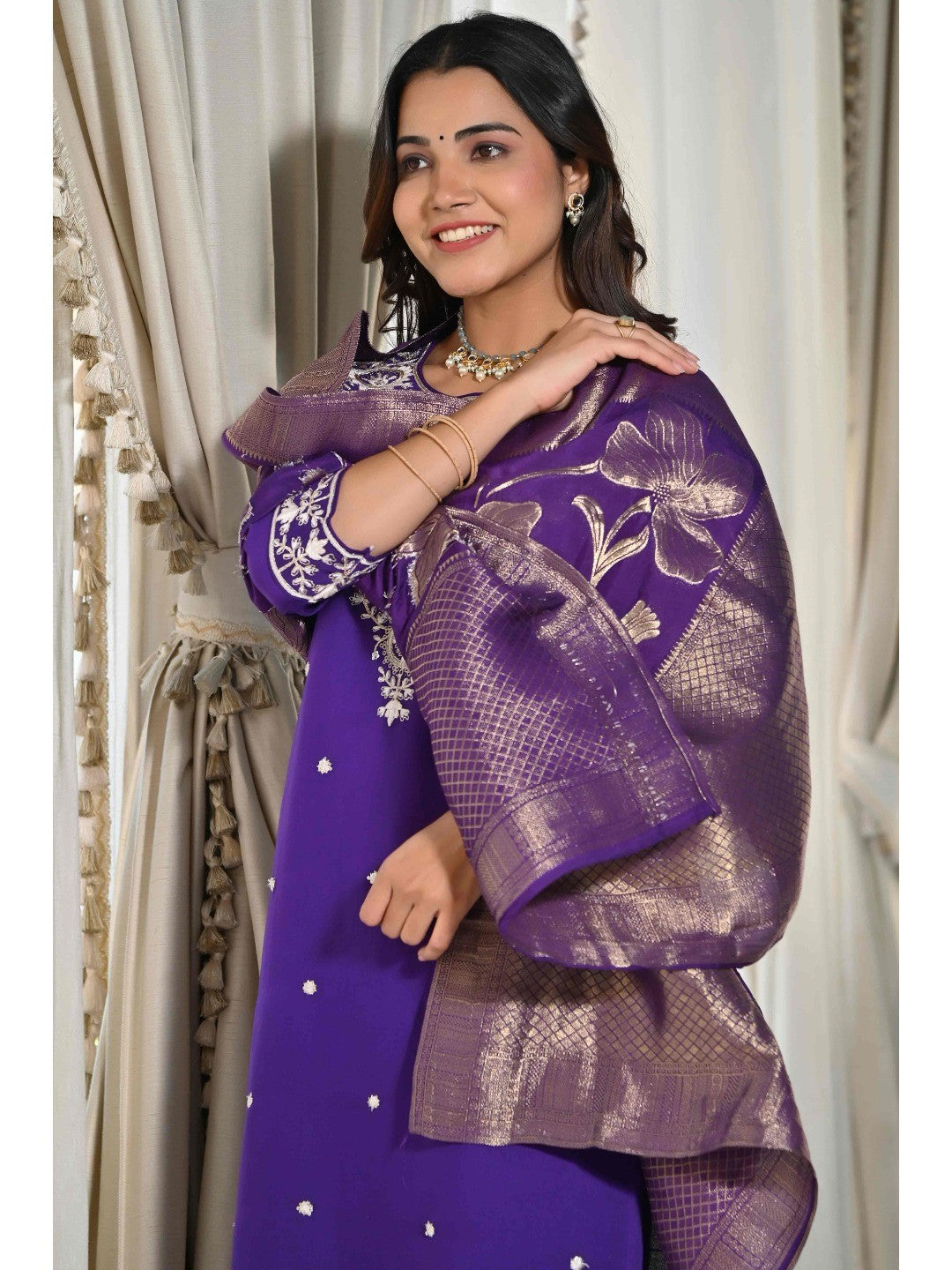 Violet Sequins Embroidered Cotton Silk Salwar Suit - Image 5