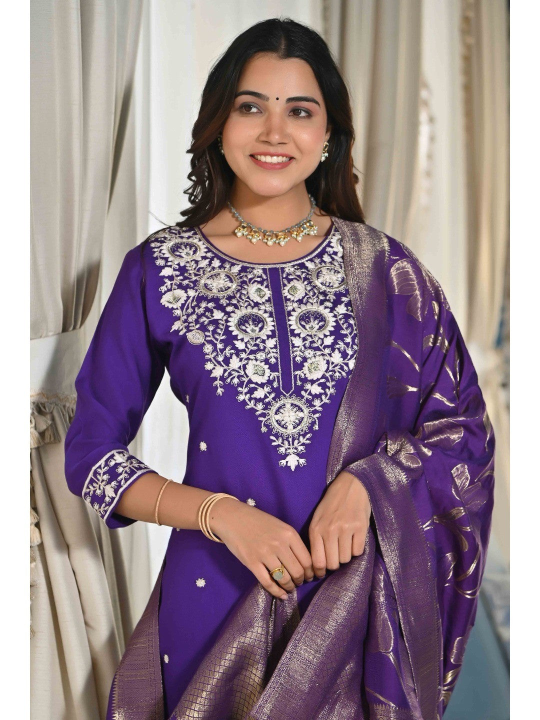 Violet Sequins Embroidered Cotton Silk Salwar Suit - Image 4