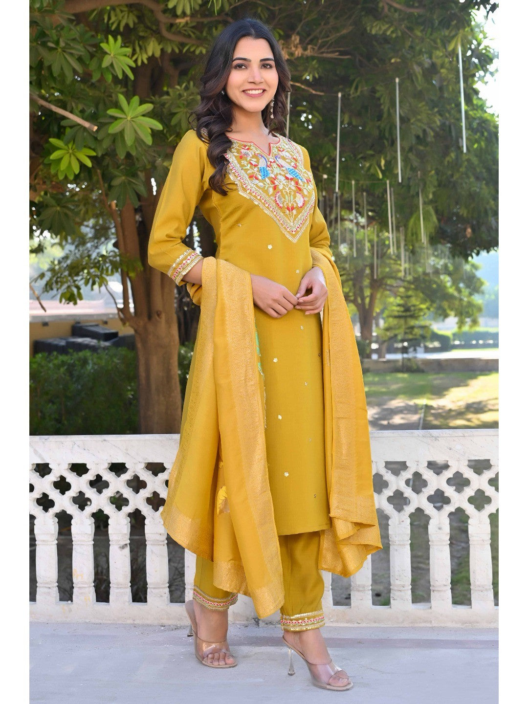 Mustard Sequins Embroidered Viscose Salwar Suit - Image 2
