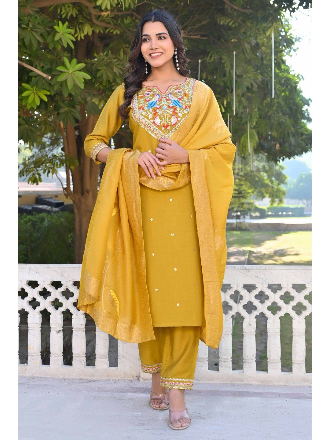 Mustard Sequins Embroidered Viscose Salwar Suit - Image 1