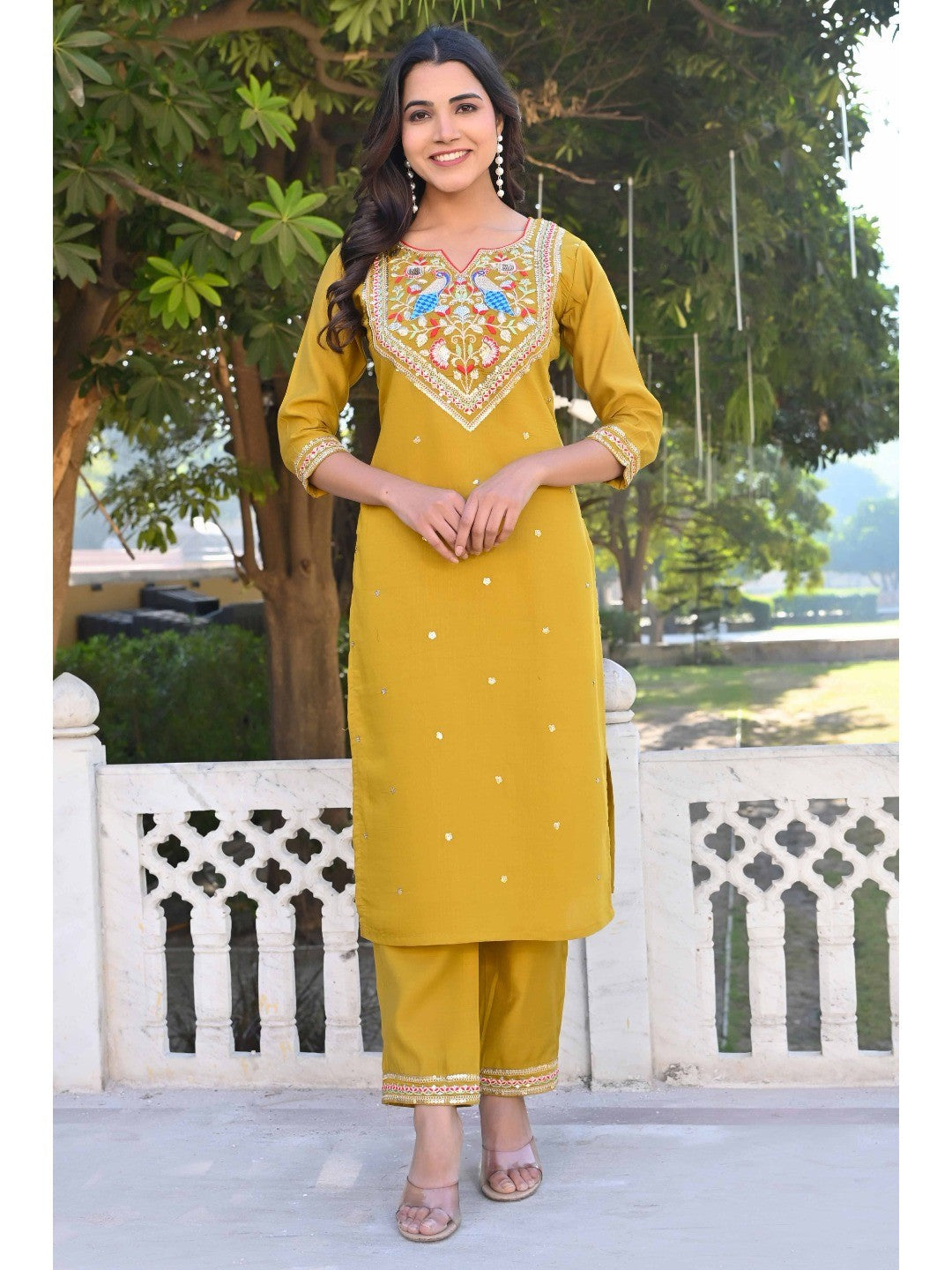 Mustard Sequins Embroidered Viscose Salwar Suit - Image 6