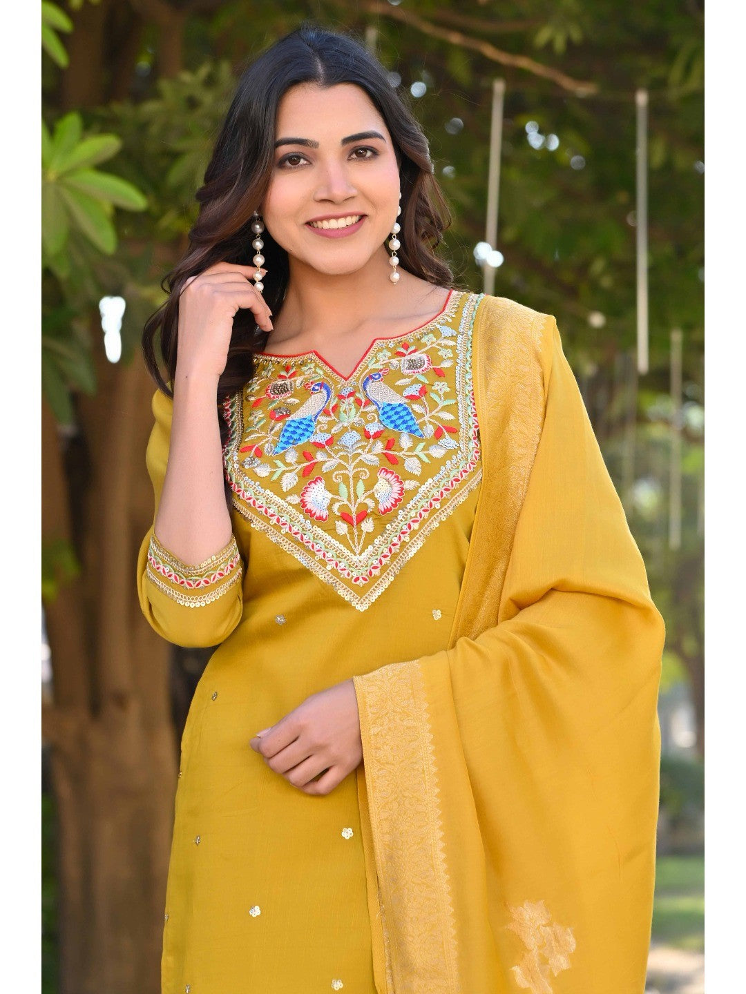 Mustard Sequins Embroidered Viscose Salwar Suit - Image 4